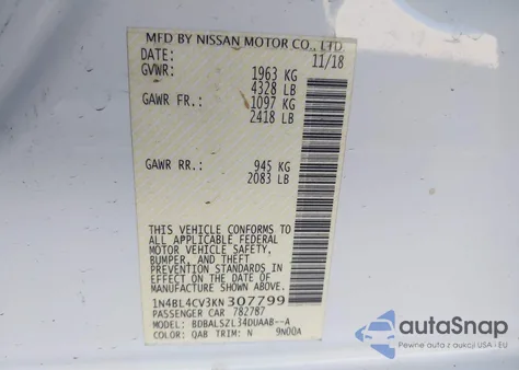 2019 Nissan Altima 2.5 Sr from USA, damaged, VIN 1N4BL4CV3KN307799